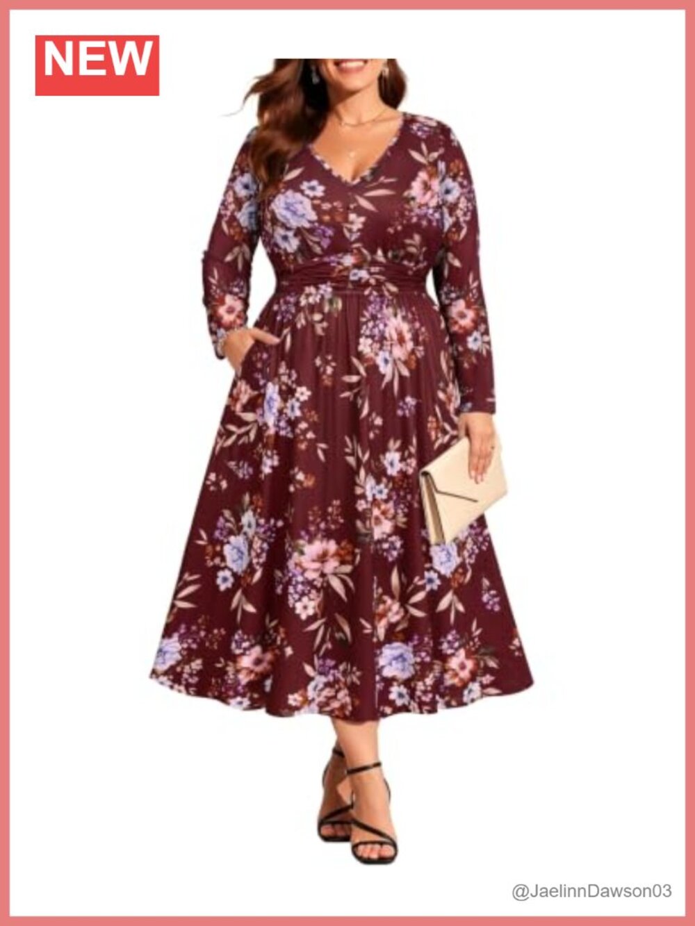 Plus Size Long Sleeve V Neck Maxi Dress Floral Fall Casual